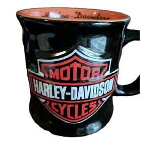 Harley-Davidson Coffee Mug Black And Orange Ceramic Embossed 3D Bar& Shield Logo
